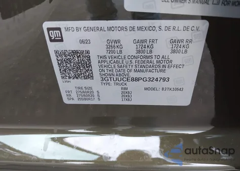 2023 GMC Sierra 1500 4Wd Short Box Elevation With 3Sb z USA, uszkodzony, nr VIN 3GTUUCE88PG324793